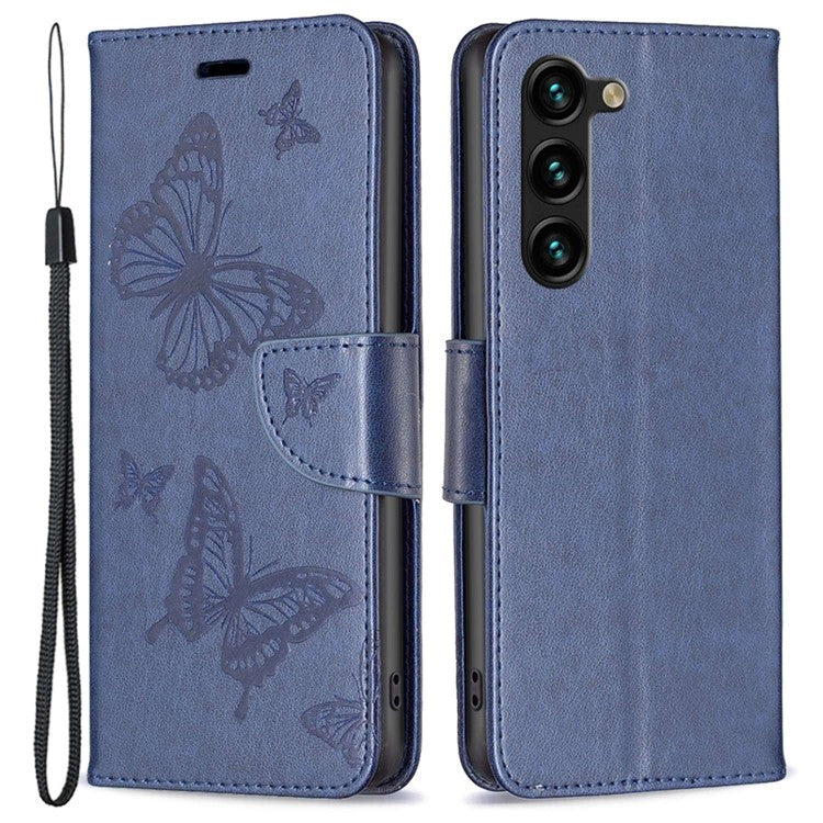 BF Imprinting Pattern Series-4 for Samsung Galaxy S23+ PU Leather Flip Phone Case Imprinted Butterflies Stand Wallet Folio Cover - Dark Blue