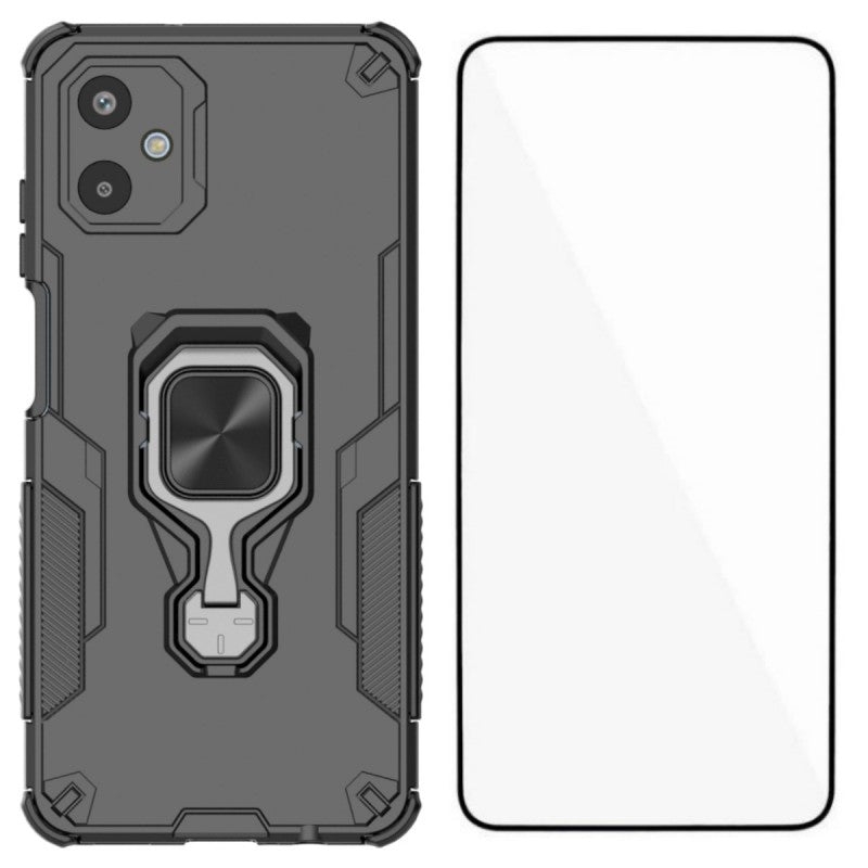 For Samsung Galaxy F06 5G Phone Case WANLONFENG PC TPU Back Cover Kickstand with Tempered Glass - Black