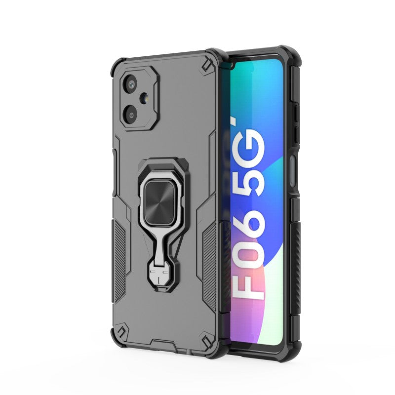 For Samsung Galaxy F06 5G Phone Case WANLONFENG PC TPU Back Cover Kickstand with Tempered Glass - Black
