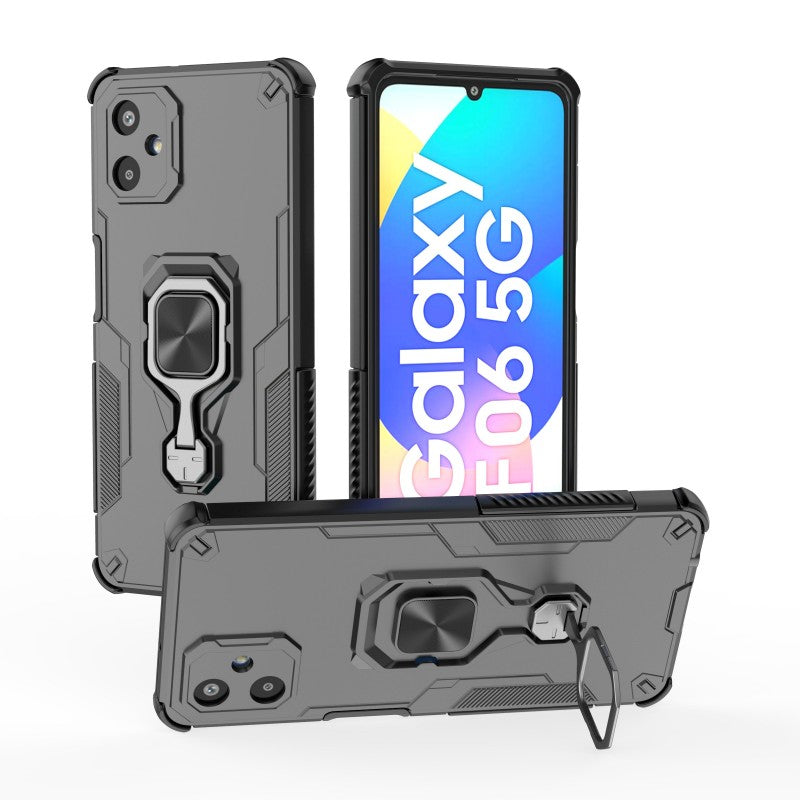 For Samsung Galaxy F06 5G Phone Case WANLONFENG PC TPU Back Cover Kickstand with Tempered Glass - Black
