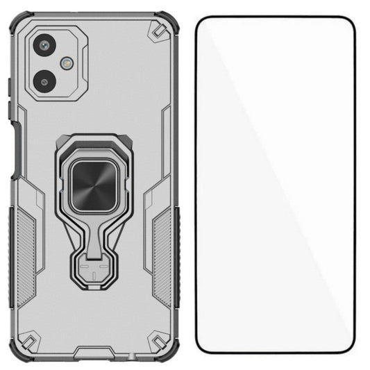 For Samsung Galaxy F06 5G Phone Case WANLONFENG PC TPU Back Cover Kickstand with Tempered Glass - Grey
