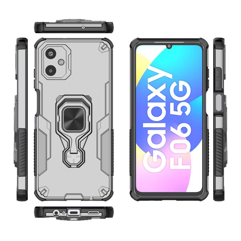 For Samsung Galaxy F06 5G Phone Case WANLONFENG PC TPU Back Cover Kickstand with Tempered Glass - Grey