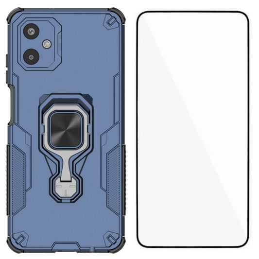 For Samsung Galaxy F06 5G Phone Case WANLONFENG PC TPU Back Cover Kickstand with Tempered Glass - Blue