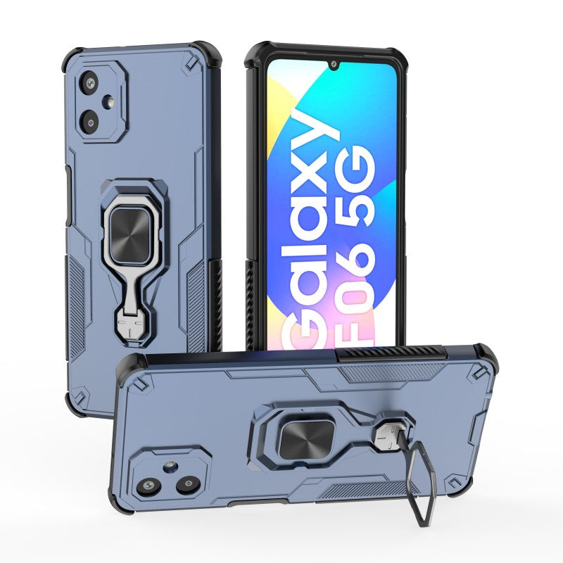 For Samsung Galaxy F06 5G Phone Case WANLONFENG PC TPU Back Cover Kickstand with Tempered Glass - Blue