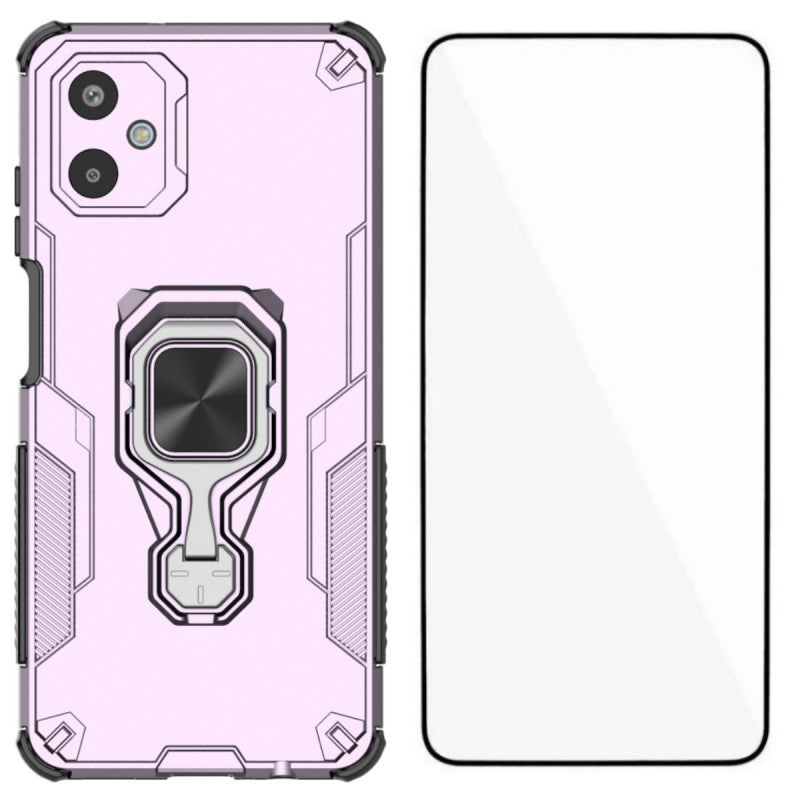 For Samsung Galaxy F06 5G Phone Case WANLONFENG PC TPU Back Cover Kickstand with Tempered Glass - Purple