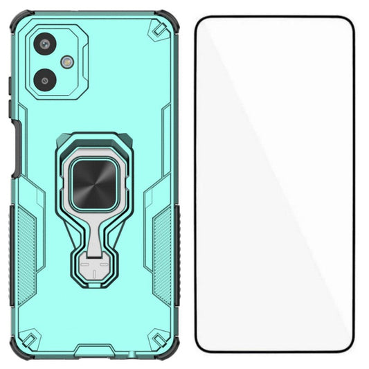 For Samsung Galaxy F06 5G Phone Case WANLONFENG PC TPU Back Cover Kickstand with Tempered Glass - Green