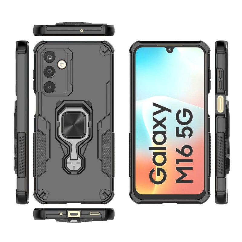 For Samsung Galaxy M16 5G Phone Case WANLONFENG PC TPU Back Cover Kickstand with Tempered Glass - Black