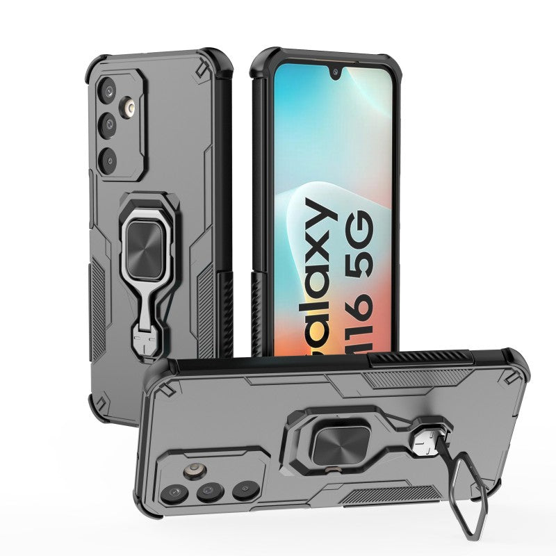For Samsung Galaxy M16 5G Phone Case WANLONFENG PC TPU Back Cover Kickstand with Tempered Glass - Black