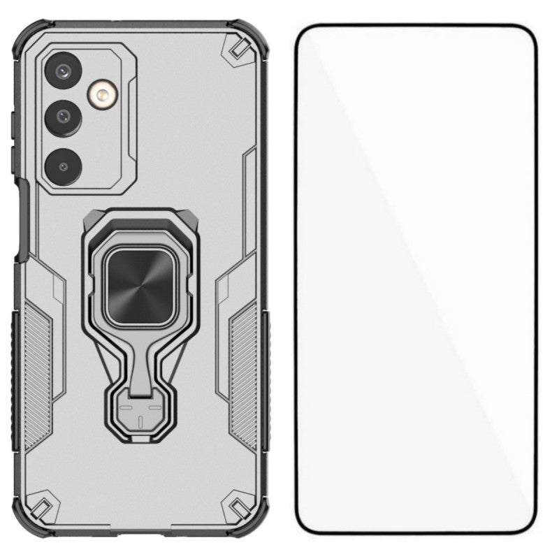 For Samsung Galaxy M16 5G Phone Case WANLONFENG PC TPU Back Cover Kickstand with Tempered Glass - Grey