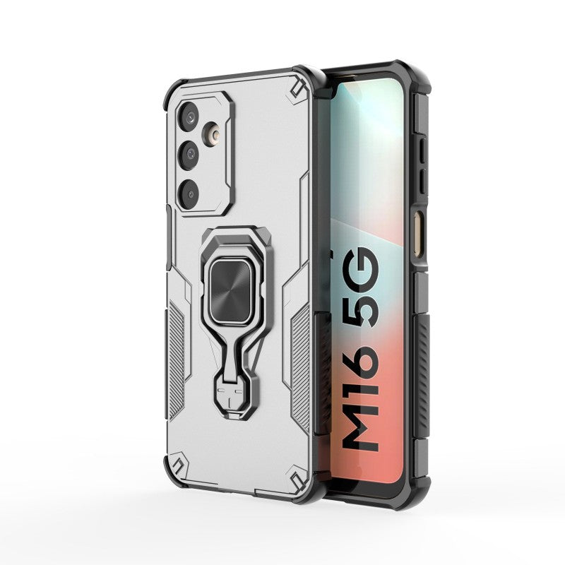 For Samsung Galaxy M16 5G Phone Case WANLONFENG PC TPU Back Cover Kickstand with Tempered Glass - Grey