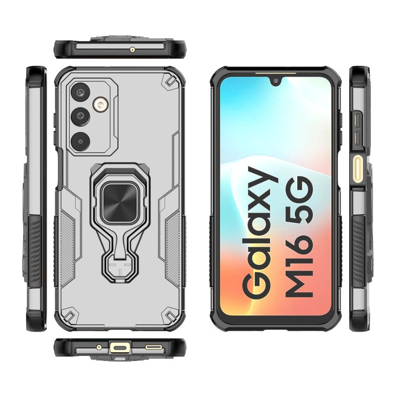 For Samsung Galaxy M16 5G Phone Case WANLONFENG PC TPU Back Cover Kickstand with Tempered Glass - Grey