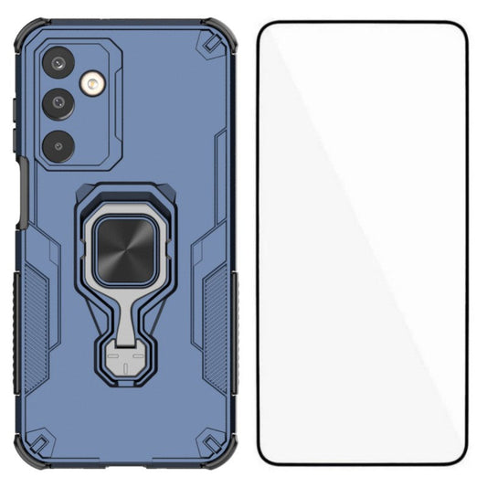 For Samsung Galaxy M16 5G Phone Case WANLONFENG PC TPU Back Cover Kickstand with Tempered Glass - Blue