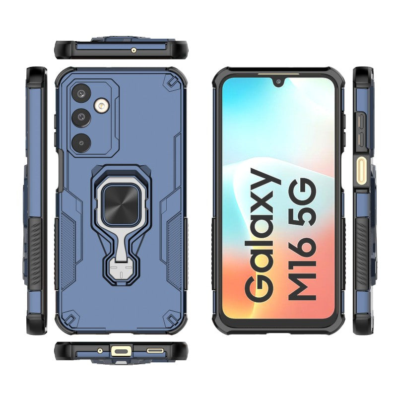 For Samsung Galaxy M16 5G Phone Case WANLONFENG PC TPU Back Cover Kickstand with Tempered Glass - Blue