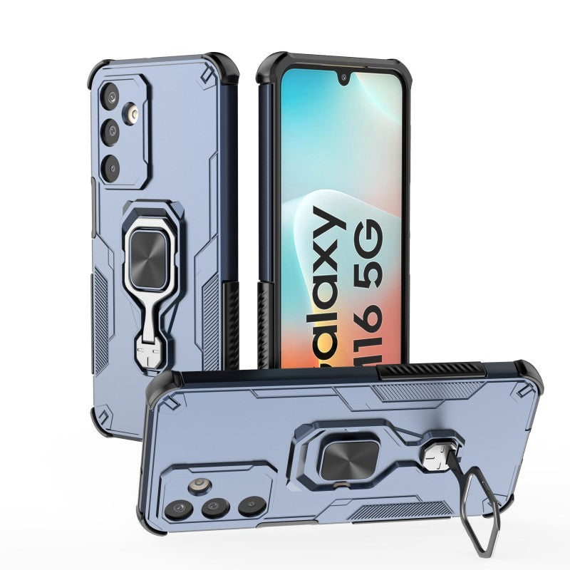 For Samsung Galaxy M16 5G Phone Case WANLONFENG PC TPU Back Cover Kickstand with Tempered Glass - Blue