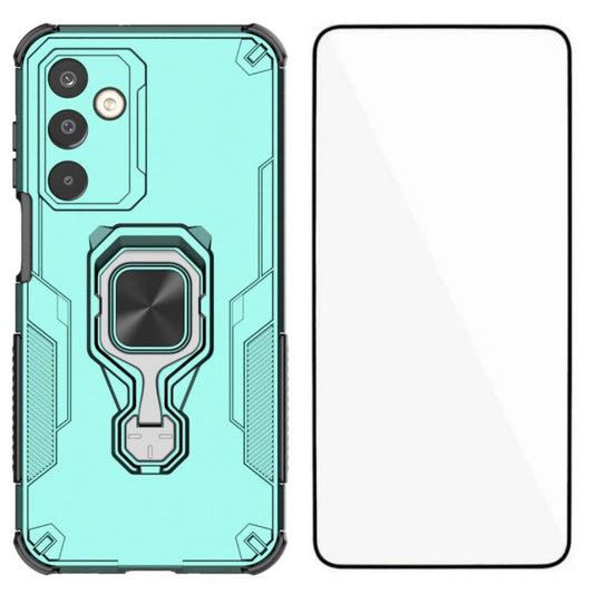 For Samsung Galaxy M16 5G Phone Case WANLONFENG PC TPU Back Cover Kickstand with Tempered Glass - Green