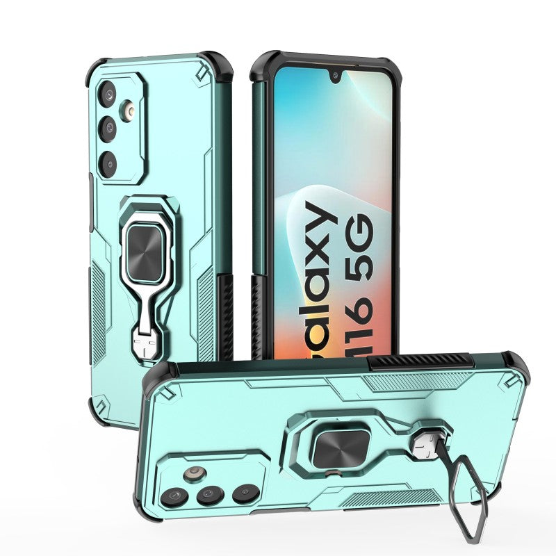 For Samsung Galaxy M16 5G Phone Case WANLONFENG PC TPU Back Cover Kickstand with Tempered Glass - Green