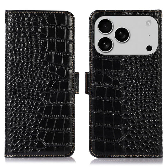 For iPhone 17 Pro Max Case Crocodile Texture Genuine Cow Leather Phone Wallet Cover - Black