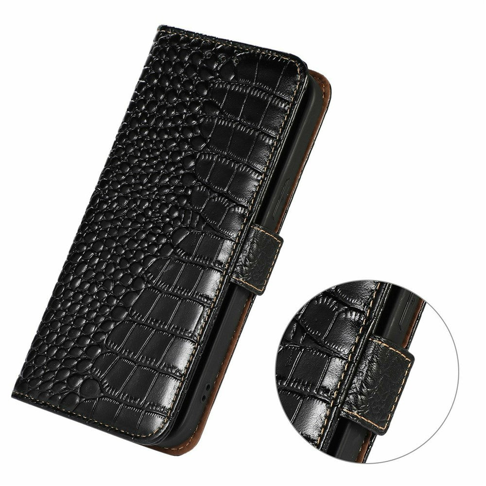 For iPhone 17 Pro Max Case Crocodile Texture Genuine Cow Leather Phone Wallet Cover - Black