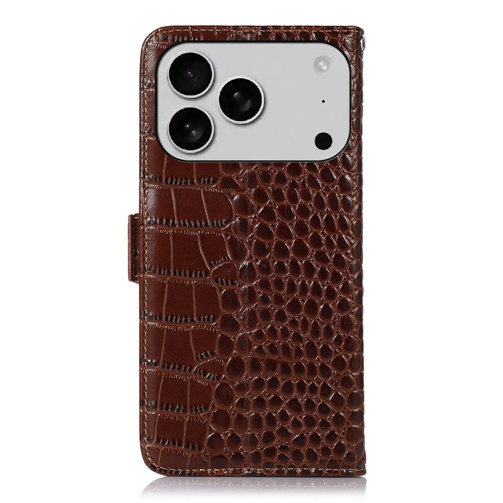 For iPhone 17 Pro Max Case Crocodile Texture Genuine Cow Leather Phone Wallet Cover - Brown