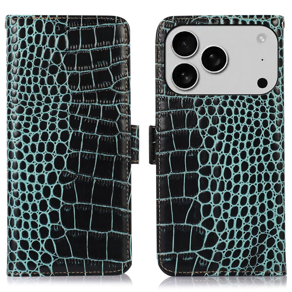 For iPhone 17 Pro Max Case Crocodile Texture Genuine Cow Leather Phone Wallet Cover - Green