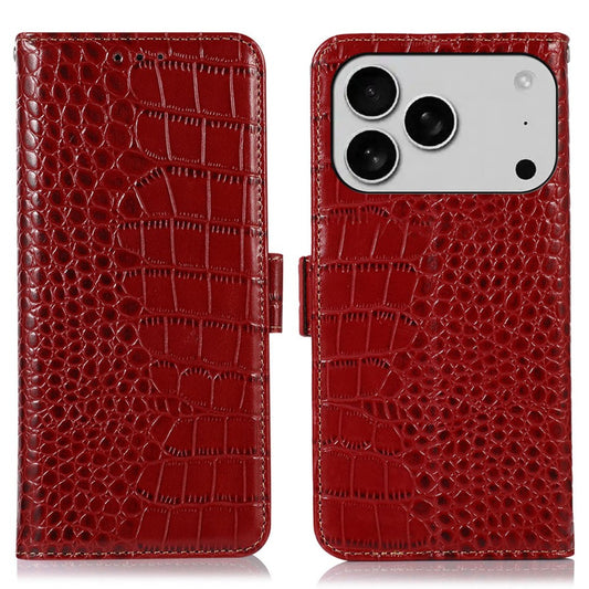 For iPhone 17 Pro Max Case Crocodile Texture Genuine Cow Leather Phone Wallet Cover - Red