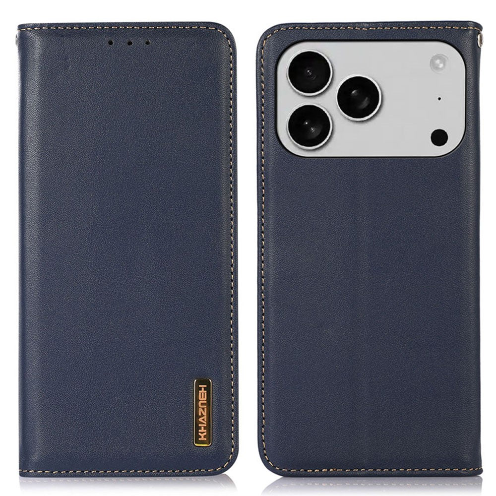 KHAZNEH For iPhone 17 Pro Max Case Wallet Genuine Cow Leather Phone Cover Nappa Texture - Blue