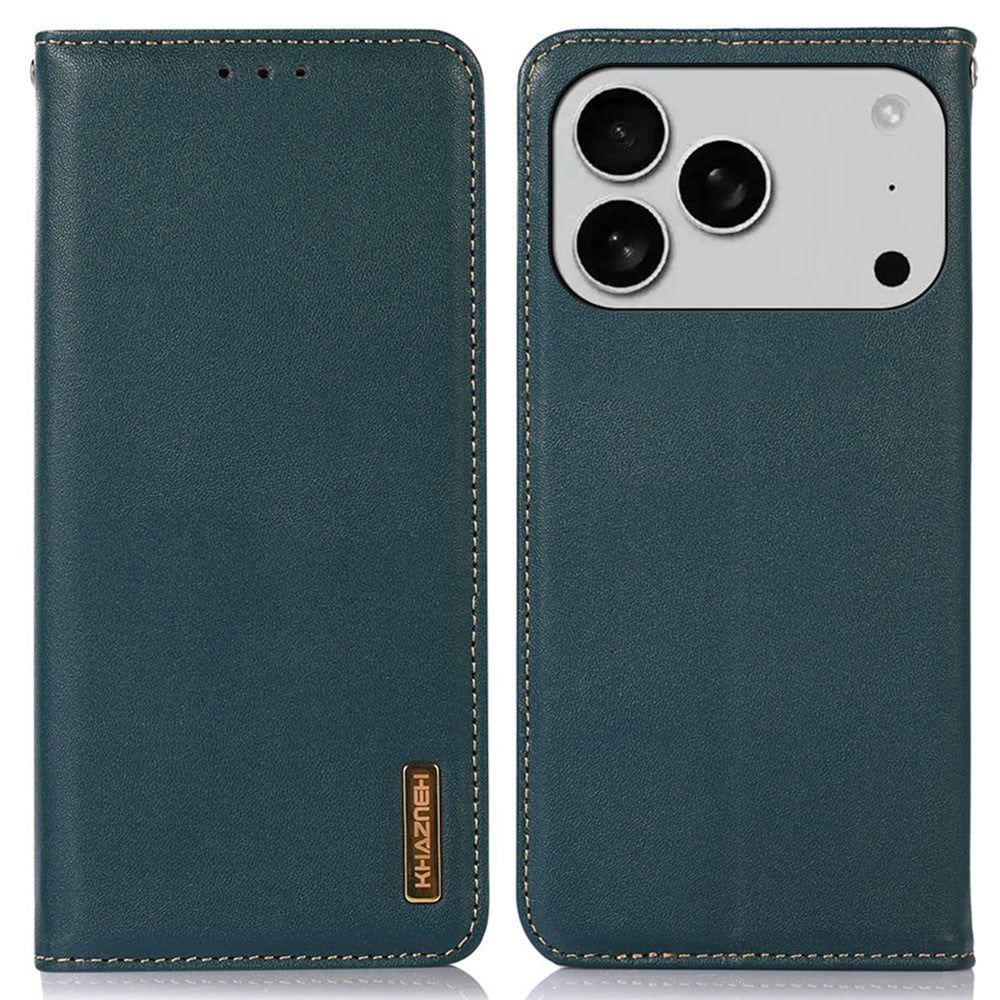 KHAZNEH For iPhone 17 Pro Max Case Wallet Genuine Cow Leather Phone Cover Nappa Texture - Green