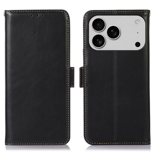 For iPhone 17 Pro Max Case RFID Blocking Genuine Cow Leather Wallet Phone Cover - Black