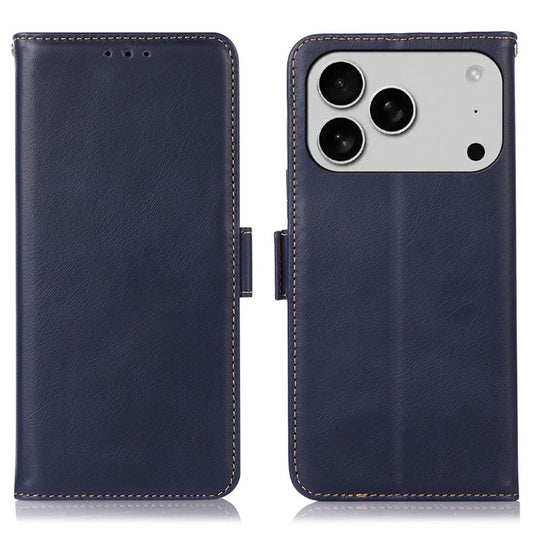 For iPhone 17 Pro Max Case RFID Blocking Genuine Cow Leather Wallet Phone Cover - Blue