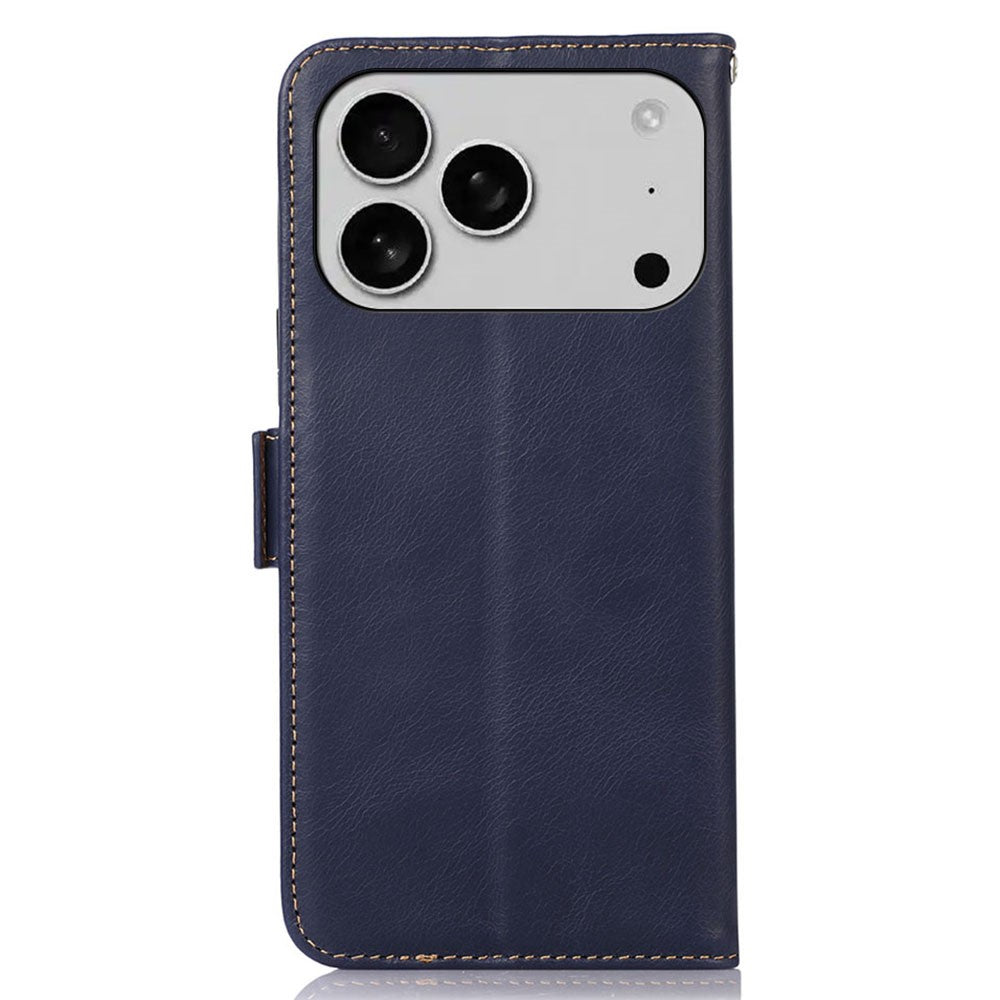 For iPhone 17 Pro Max Case RFID Blocking Genuine Cow Leather Wallet Phone Cover - Blue