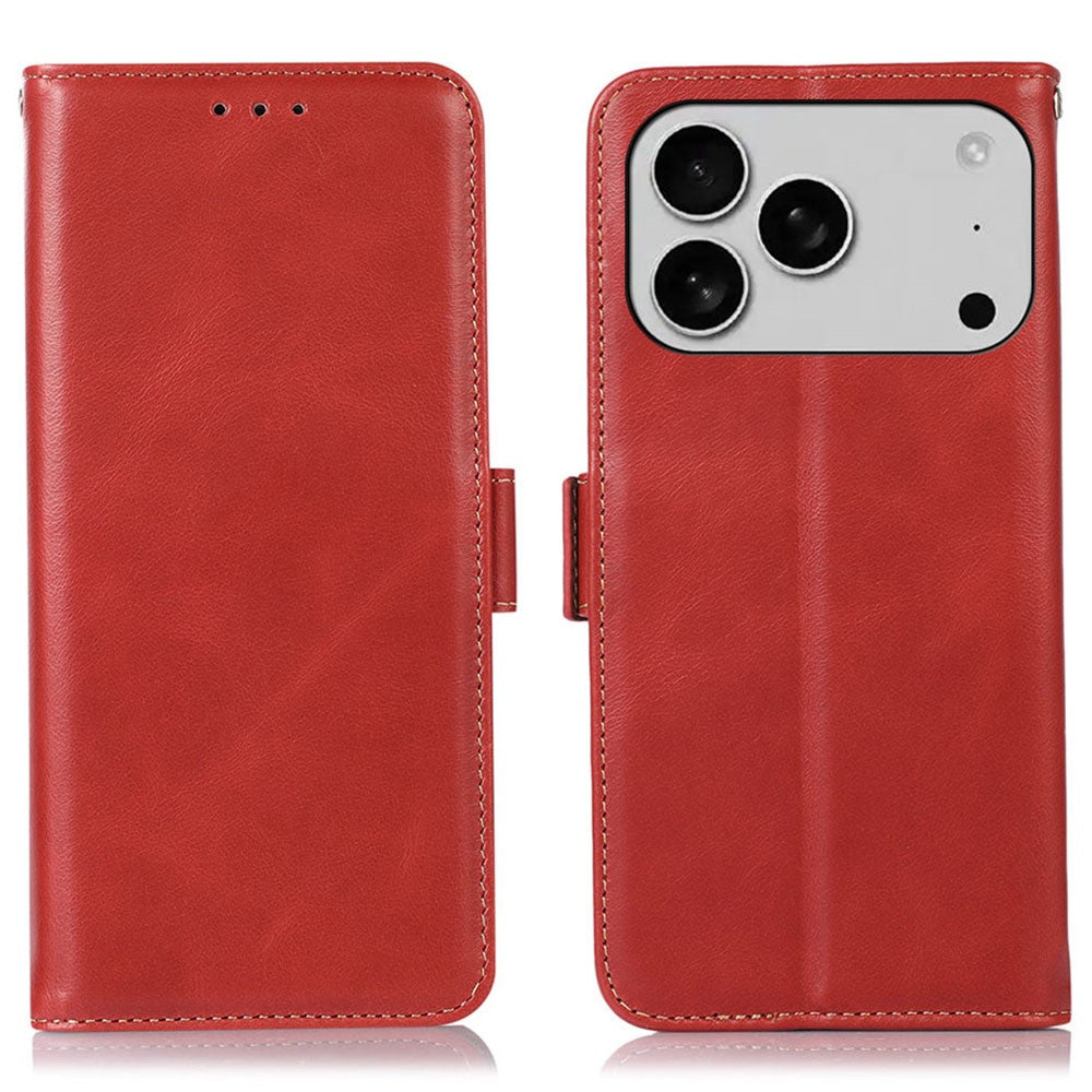 For iPhone 17 Pro Max Case RFID Blocking Genuine Cow Leather Wallet Phone Cover - Red