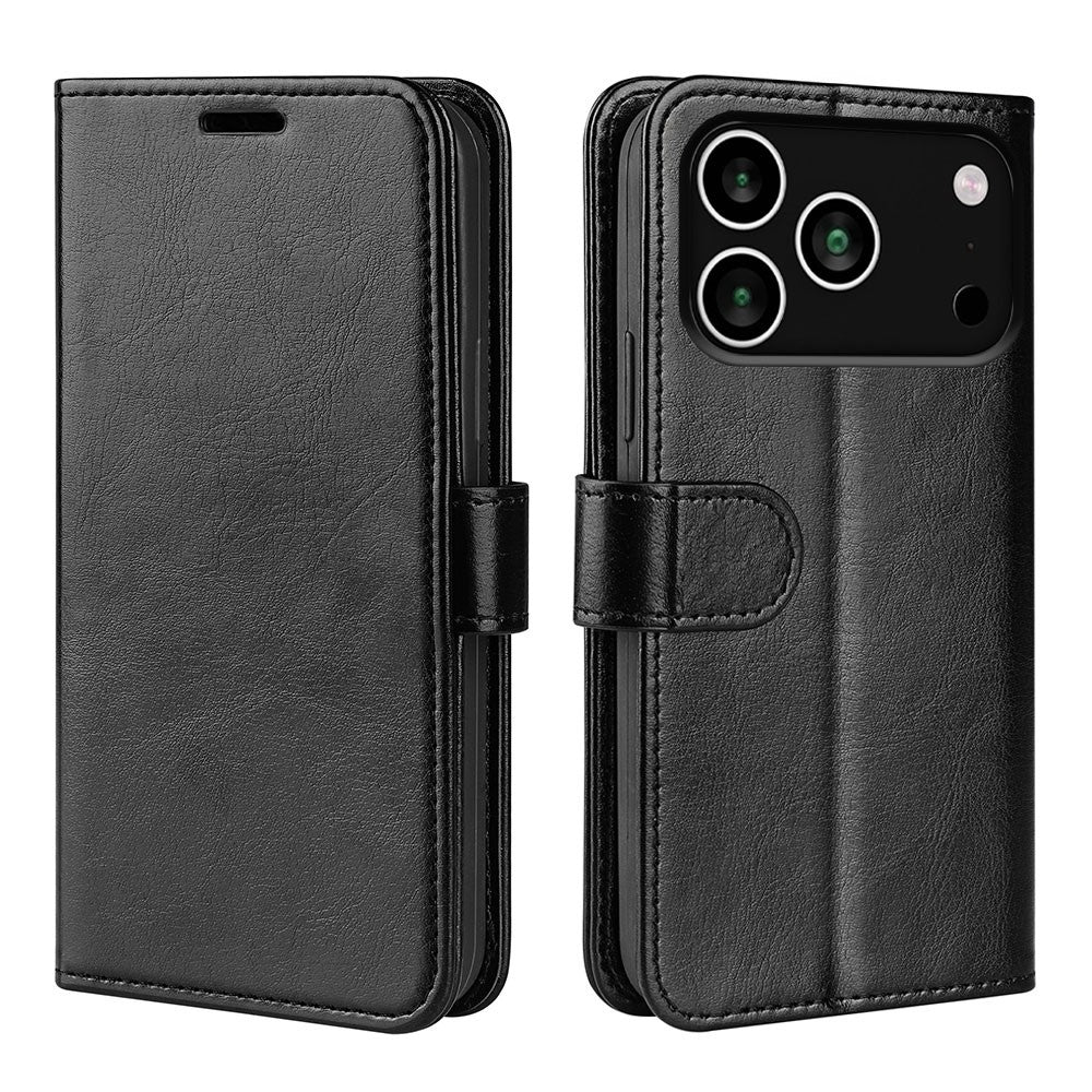 For iPhone 17 Pro Max Case Crazy Horse Texture Stand Leather Phone Cover - Black