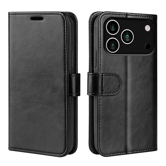 For iPhone 17 Pro Max Case Crazy Horse Texture Stand Leather Phone Cover - Black