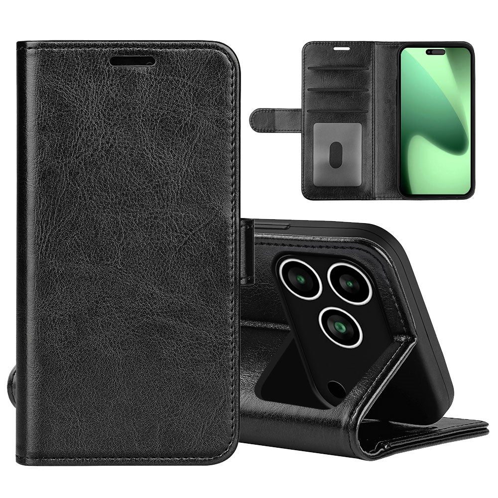 For iPhone 17 Pro Max Case Crazy Horse Texture Stand Leather Phone Cover - Black