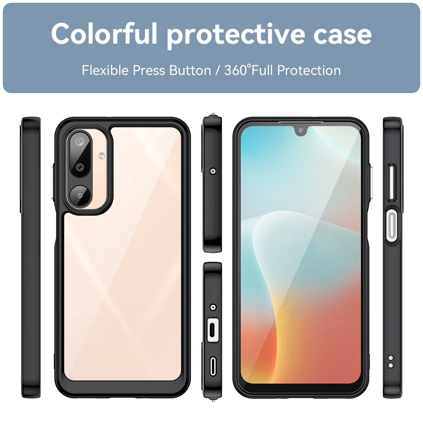 For Samsung Galaxy M16 5G Phone Case WANLONFENG XC Series TPU Acrylic Cover with Tempered Glass (Big Lens Hole) - Black