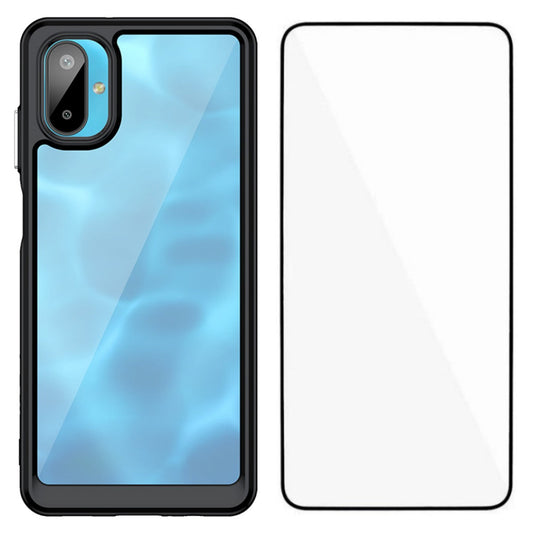 For Samsung Galaxy F06 5G Phone Case WANLONFENG XC Series TPU Acrylic Cover with Tempered Glass (Big Lens Hole) - Black
