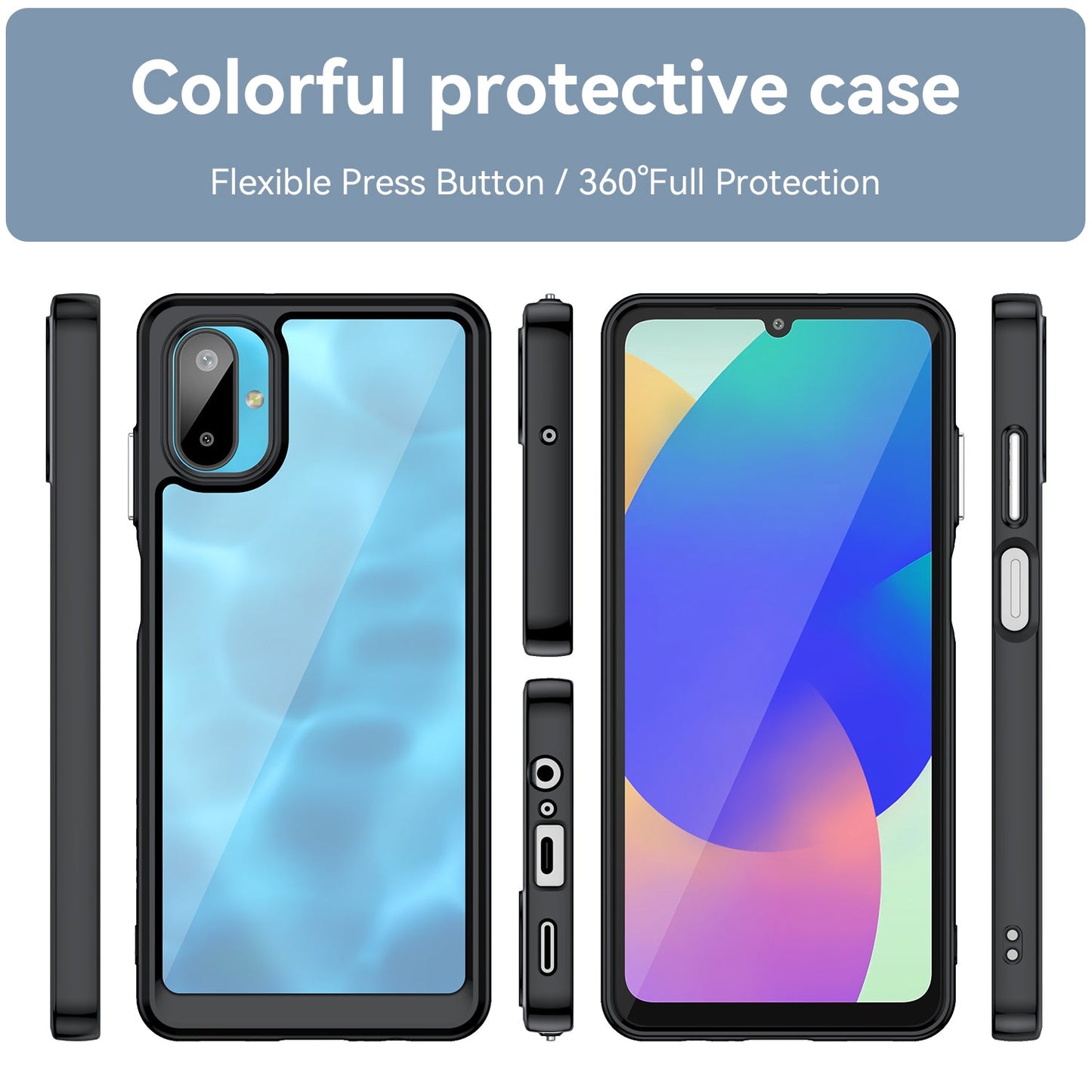 For Samsung Galaxy F06 5G Phone Case WANLONFENG XC Series TPU Acrylic Cover with Tempered Glass (Big Lens Hole) - Black