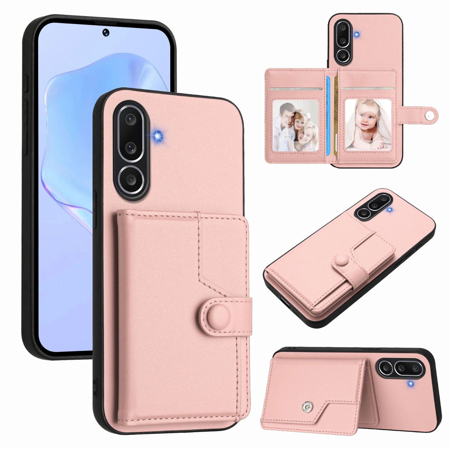 For Samsung Galaxy M56 5G Case RFID Blocking Card Holder Kickstand TPU + PU Leather Phone Back Cover - Rose Gold