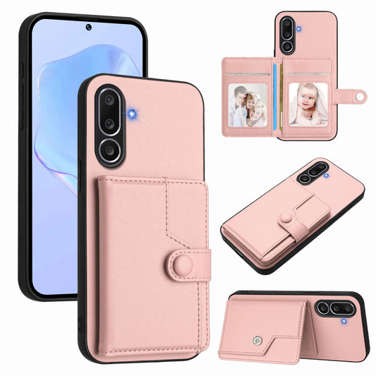 For Samsung Galaxy M56 5G Case RFID Blocking Card Holder Kickstand TPU + PU Leather Phone Back Cover - Rose Gold