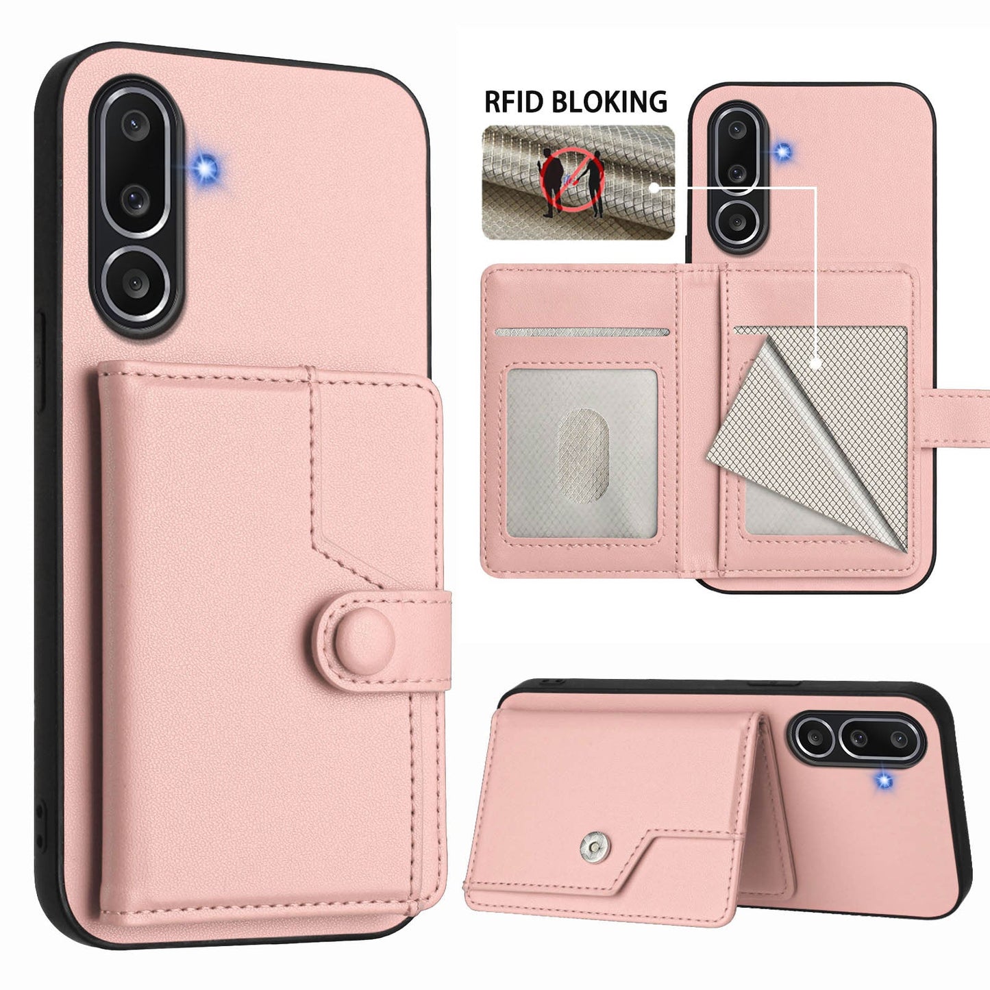 For Samsung Galaxy M56 5G Case RFID Blocking Card Holder Kickstand TPU + PU Leather Phone Back Cover - Rose Gold