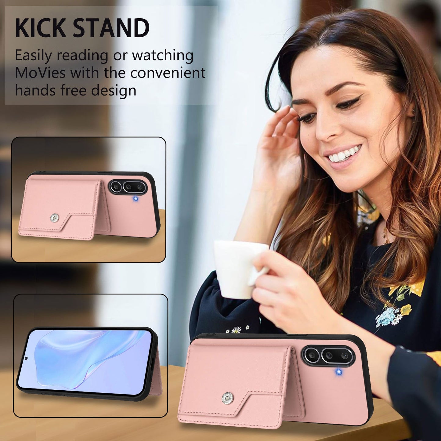 For Samsung Galaxy M56 5G Case RFID Blocking Card Holder Kickstand TPU + PU Leather Phone Back Cover - Rose Gold