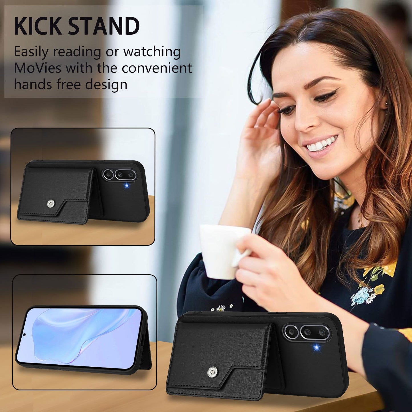 For Samsung Galaxy M56 5G Case RFID Blocking Card Holder Kickstand TPU + PU Leather Phone Back Cover - Black
