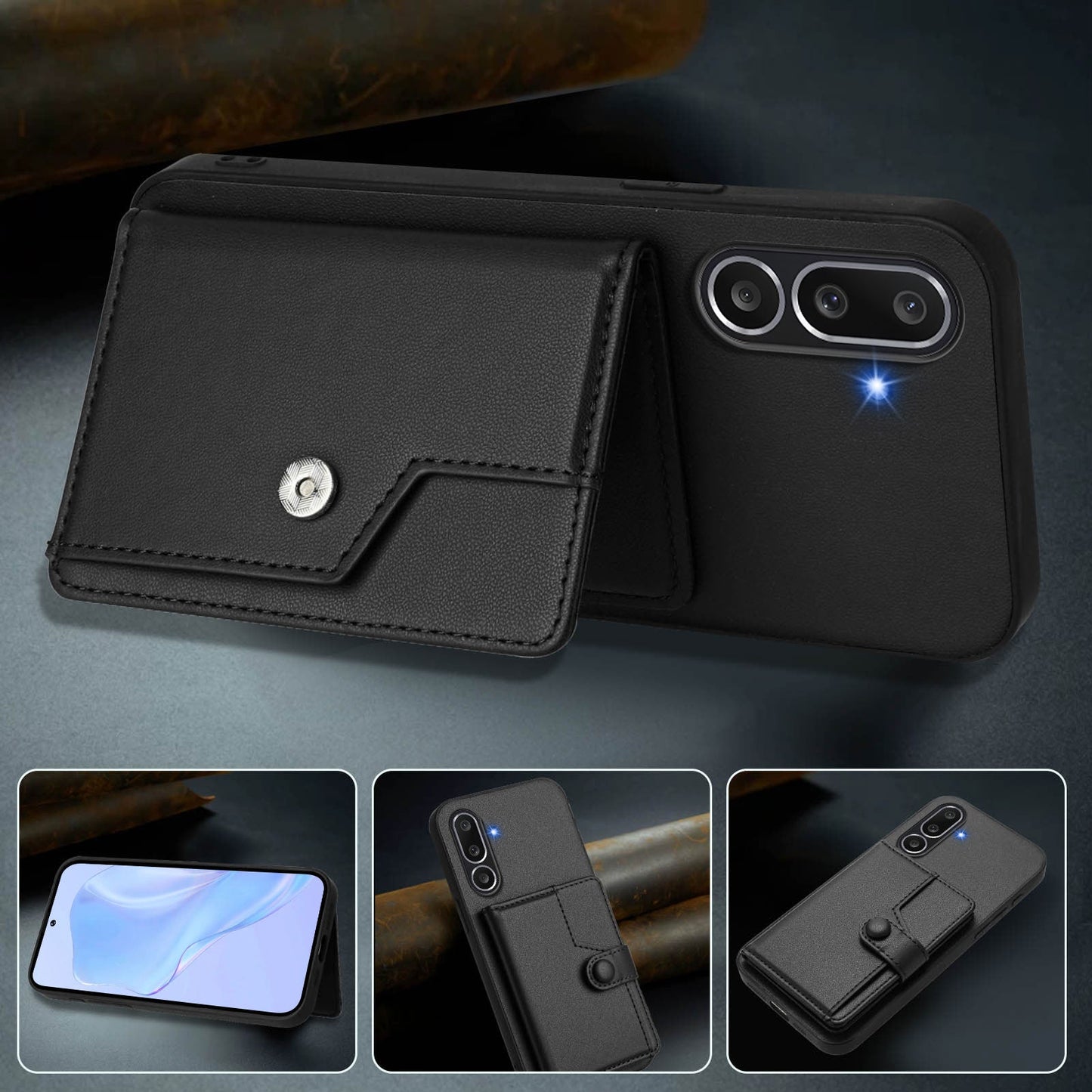 For Samsung Galaxy M56 5G Case RFID Blocking Card Holder Kickstand TPU + PU Leather Phone Back Cover - Black
