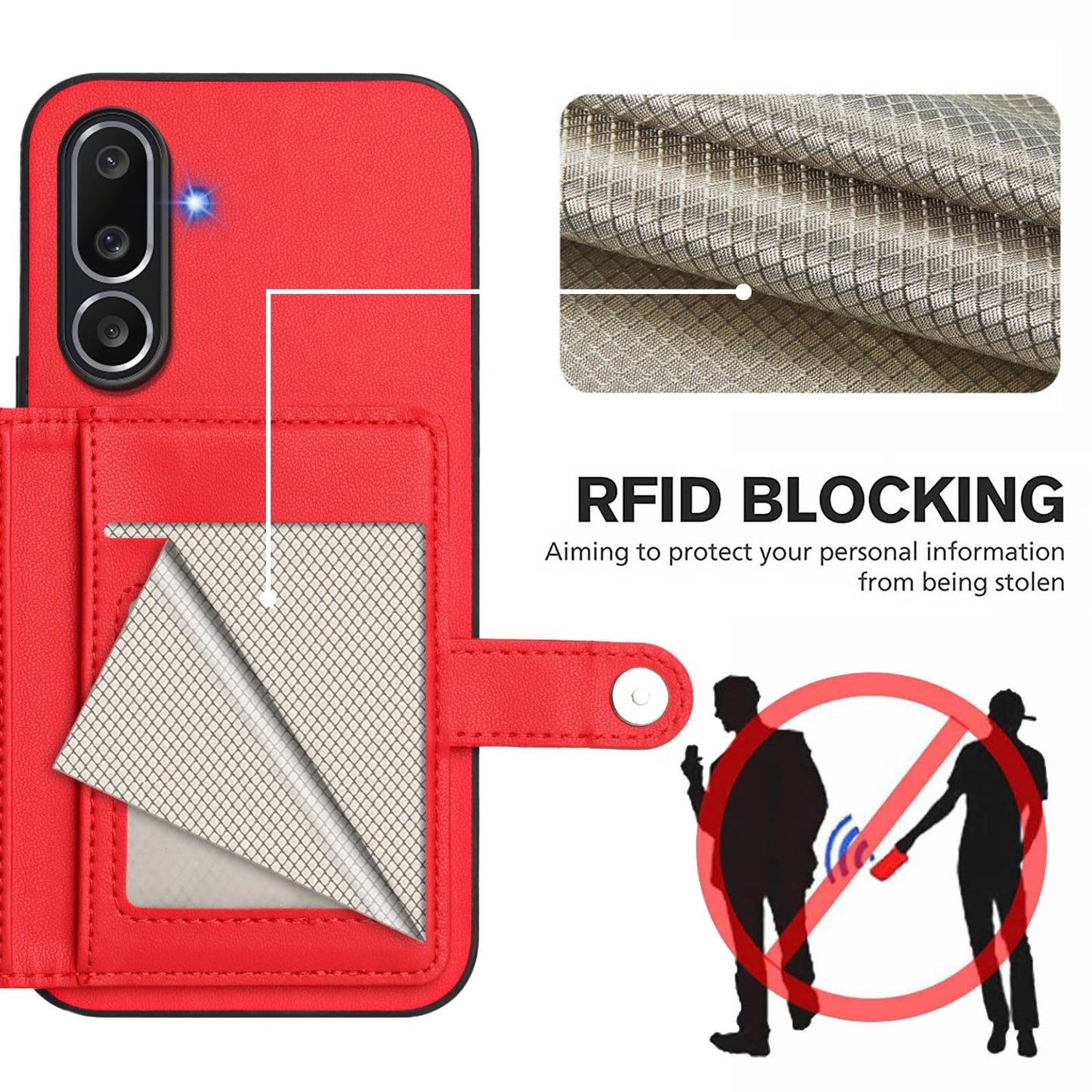 For Samsung Galaxy M56 5G Case RFID Blocking Card Holder Kickstand TPU + PU Leather Phone Back Cover - Red