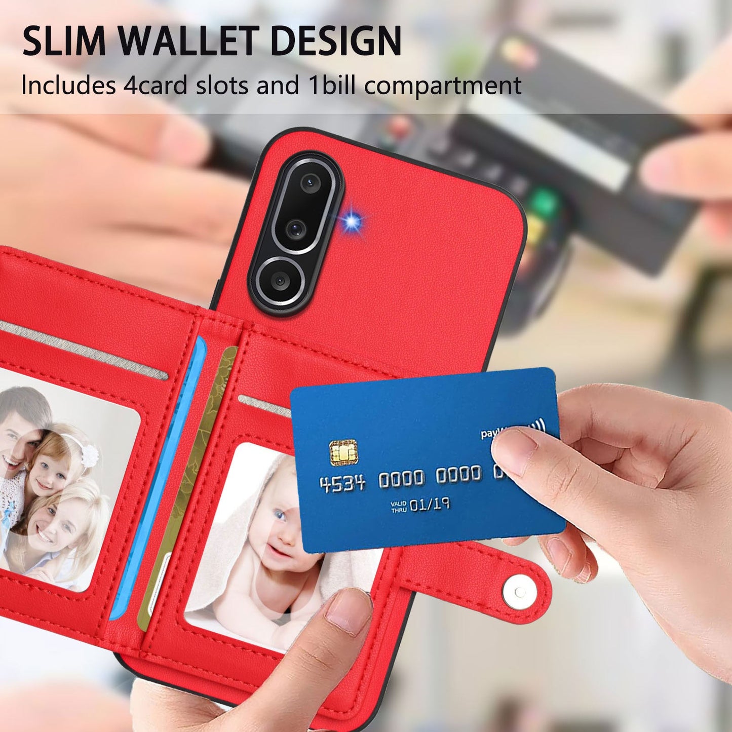 For Samsung Galaxy M56 5G Case RFID Blocking Card Holder Kickstand TPU + PU Leather Phone Back Cover - Red