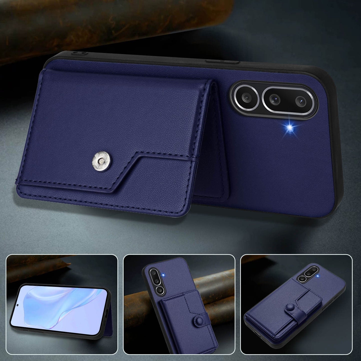 For Samsung Galaxy M56 5G Case RFID Blocking Card Holder Kickstand TPU + PU Leather Phone Back Cover - Blue