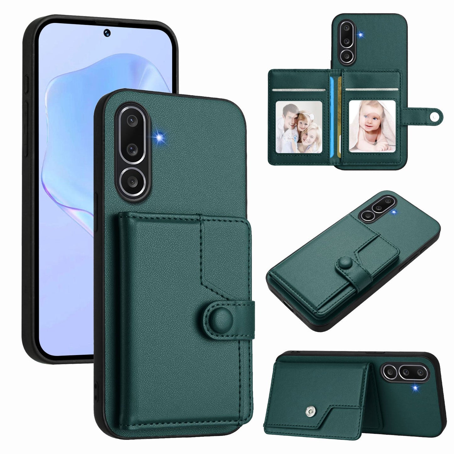 For Samsung Galaxy M56 5G Case RFID Blocking Card Holder Kickstand TPU + PU Leather Phone Back Cover - Green
