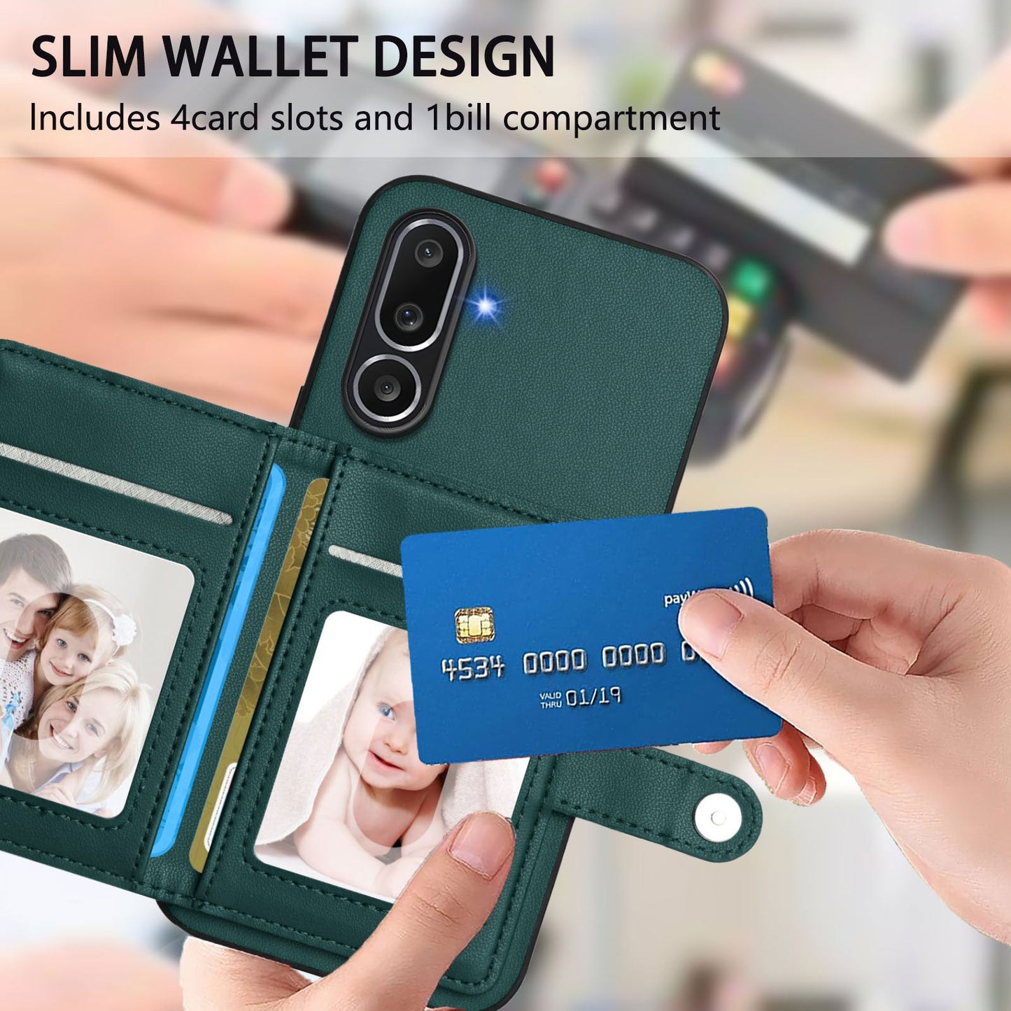 For Samsung Galaxy M56 5G Case RFID Blocking Card Holder Kickstand TPU + PU Leather Phone Back Cover - Green