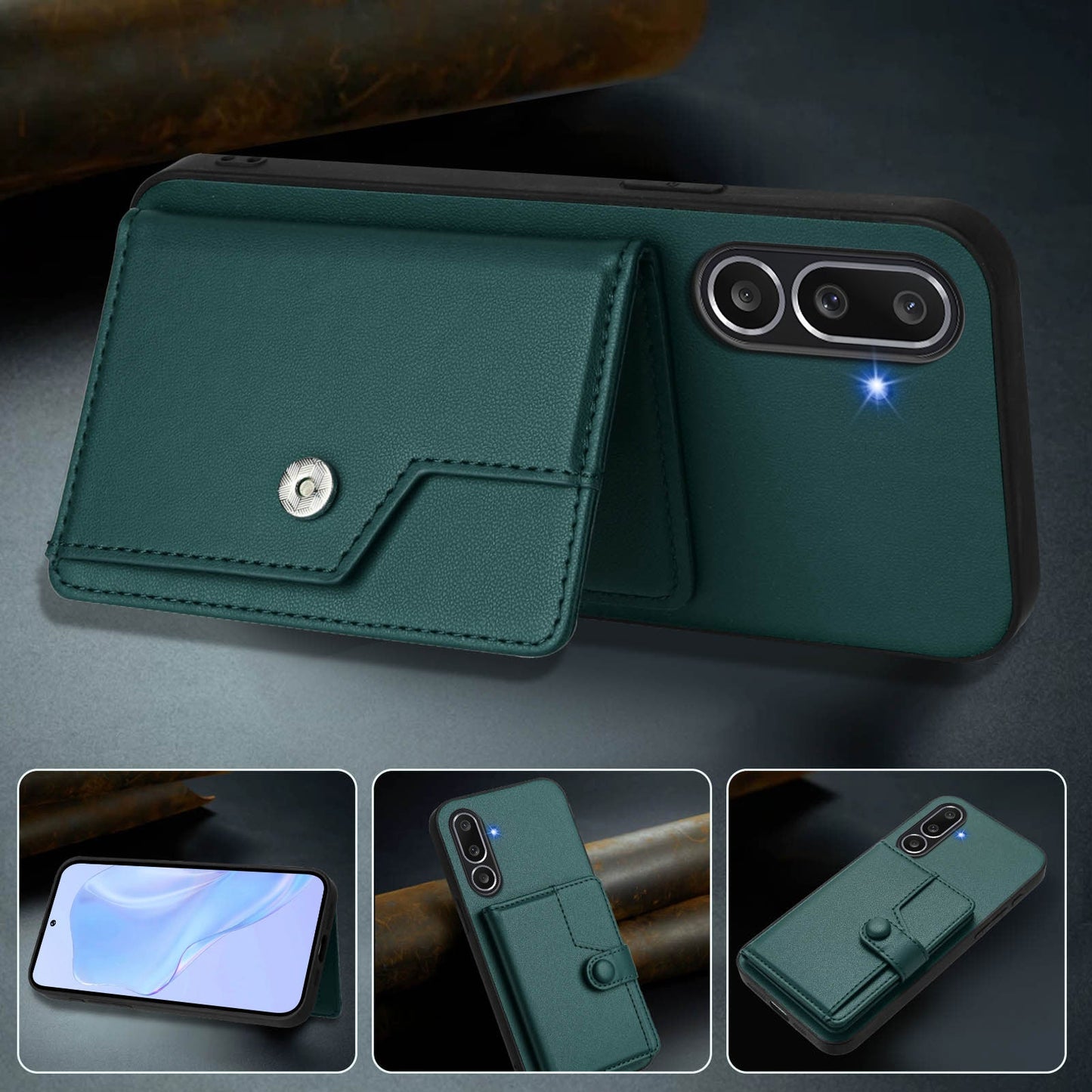 For Samsung Galaxy M56 5G Case RFID Blocking Card Holder Kickstand TPU + PU Leather Phone Back Cover - Green