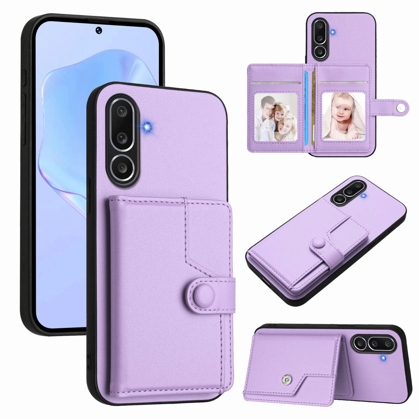 For Samsung Galaxy M56 5G Case RFID Blocking Card Holder Kickstand TPU + PU Leather Phone Back Cover - Purple
